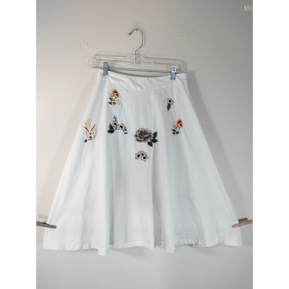 Kate Kasin White A-Line Midi Skirt (Upcycled with Floral Applique)